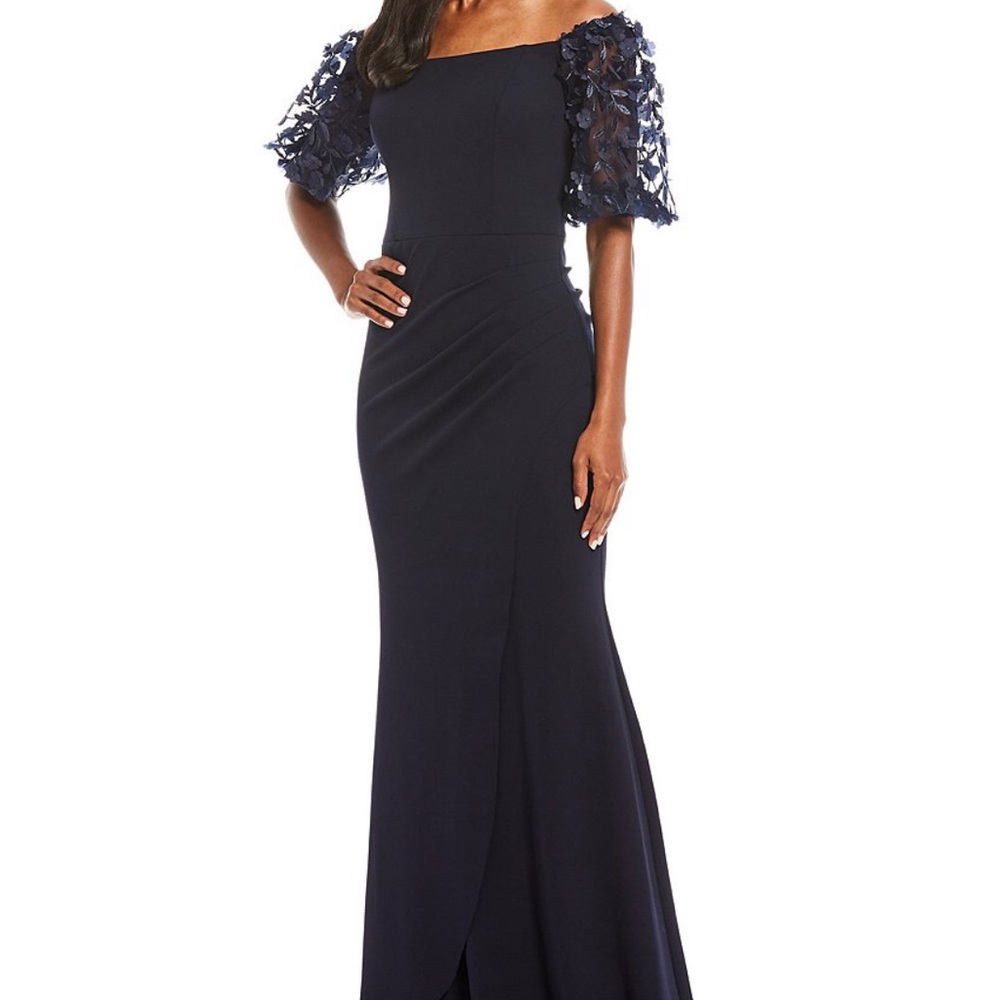 3D Flower Applique Off-the-Shoulder Short Puff Sleeve Scuba Crepe Gown